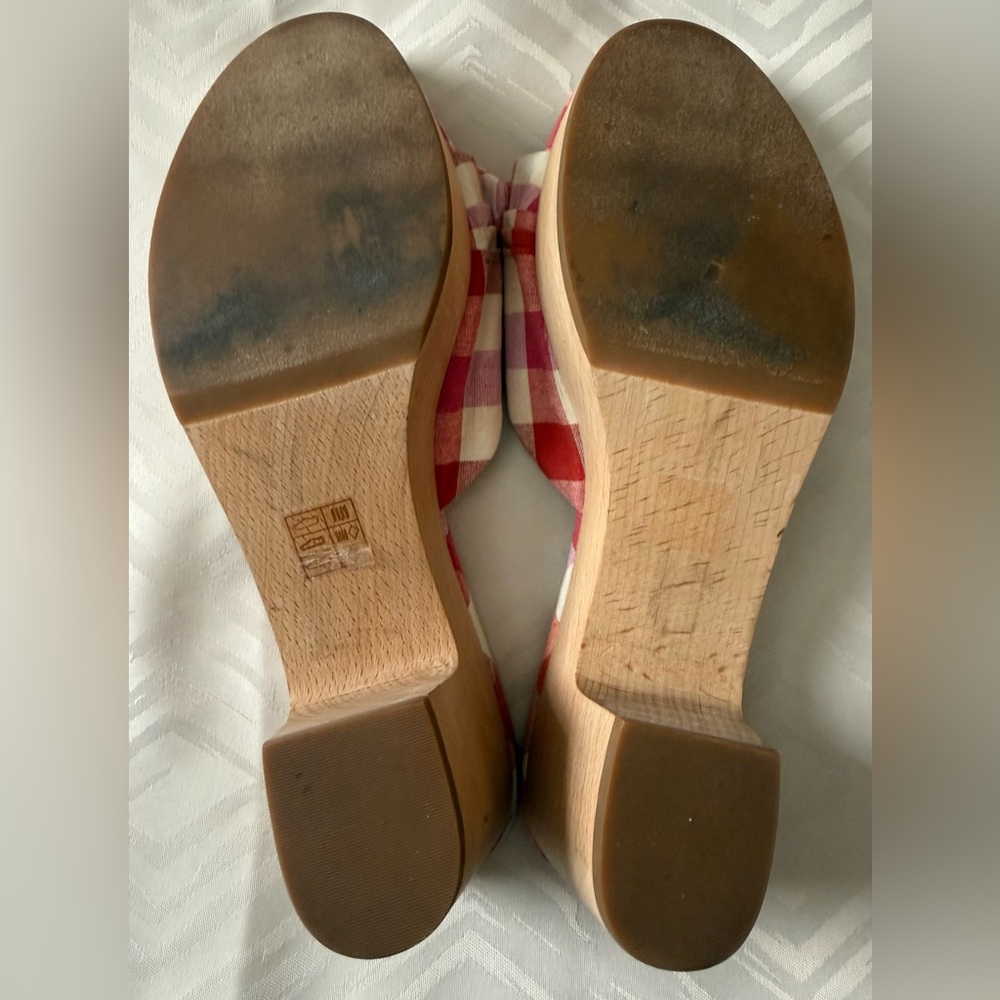 J. Crew Bow Pink and Red Plaid Mules Size 8.5 Wooden Slip On - Picture 6 of 8